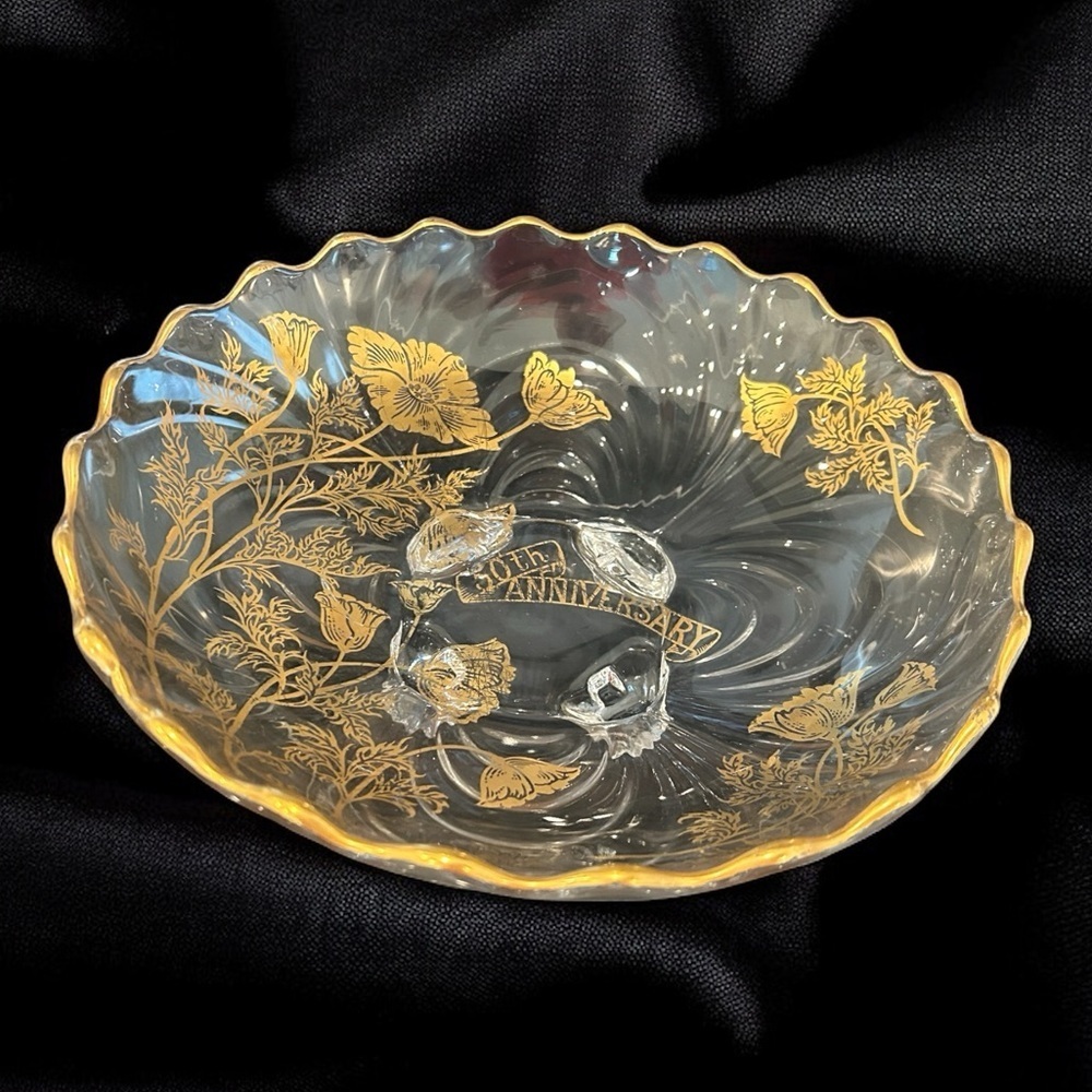 Vintage 50th Anniversary Glass‎ Display Plate - Gold Floral Pattern